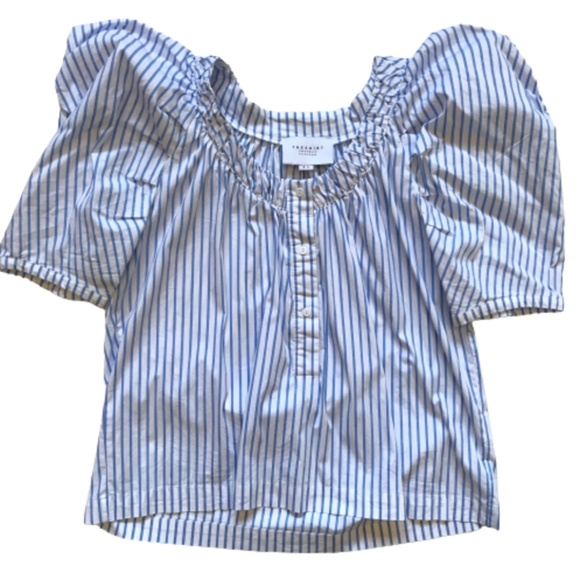 The Shirt Rochelle Behrens Stripe Shirt Womens XL Blue White Puff Sleeve Linen